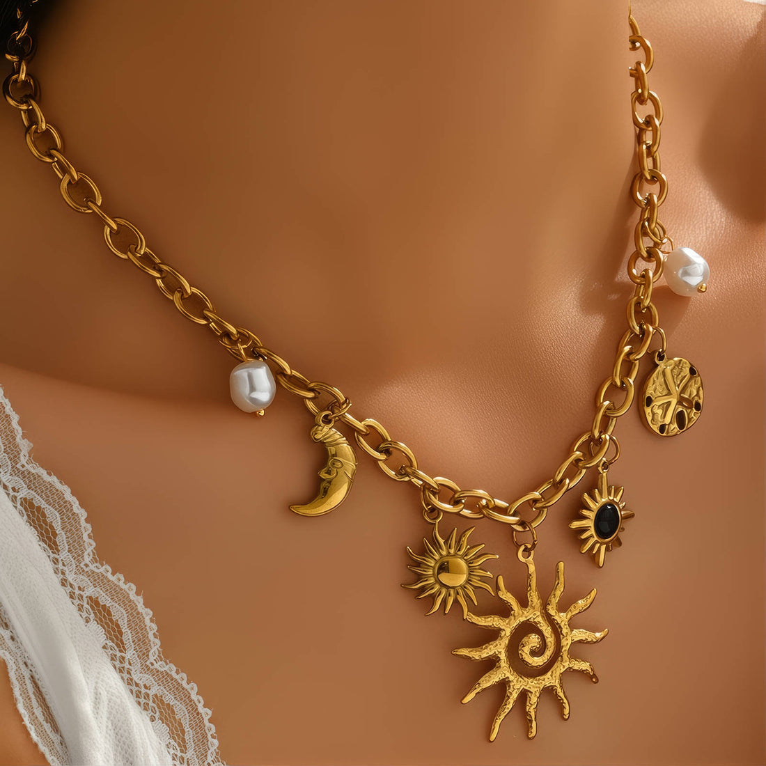 Crescent And Sun Necklace, 18K Gold Plated Steel