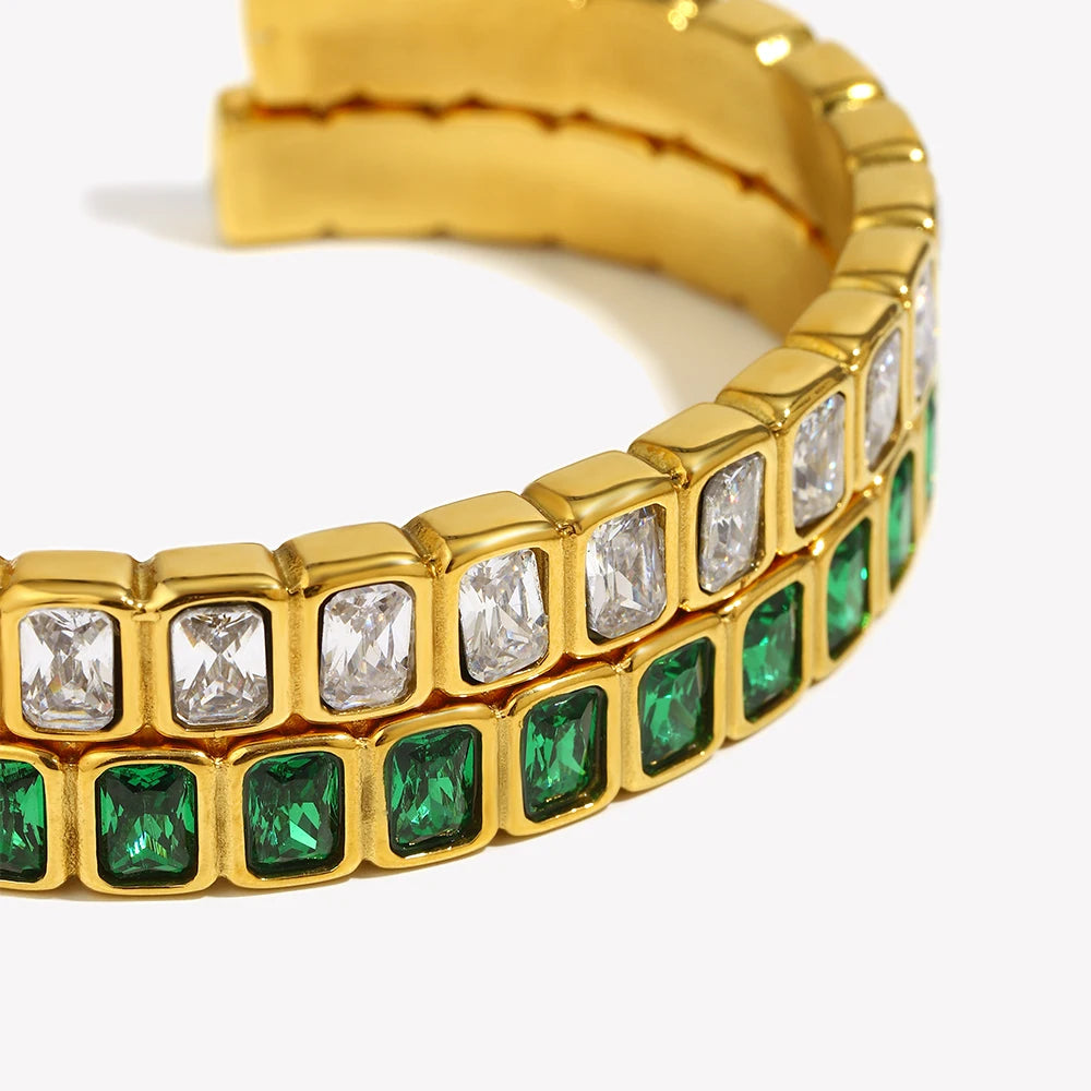316L Stainless Steel Green Rhinestones White Rhinestones Classic Style Bracelet 18K Gold Plated Bracelet Women's Gift.