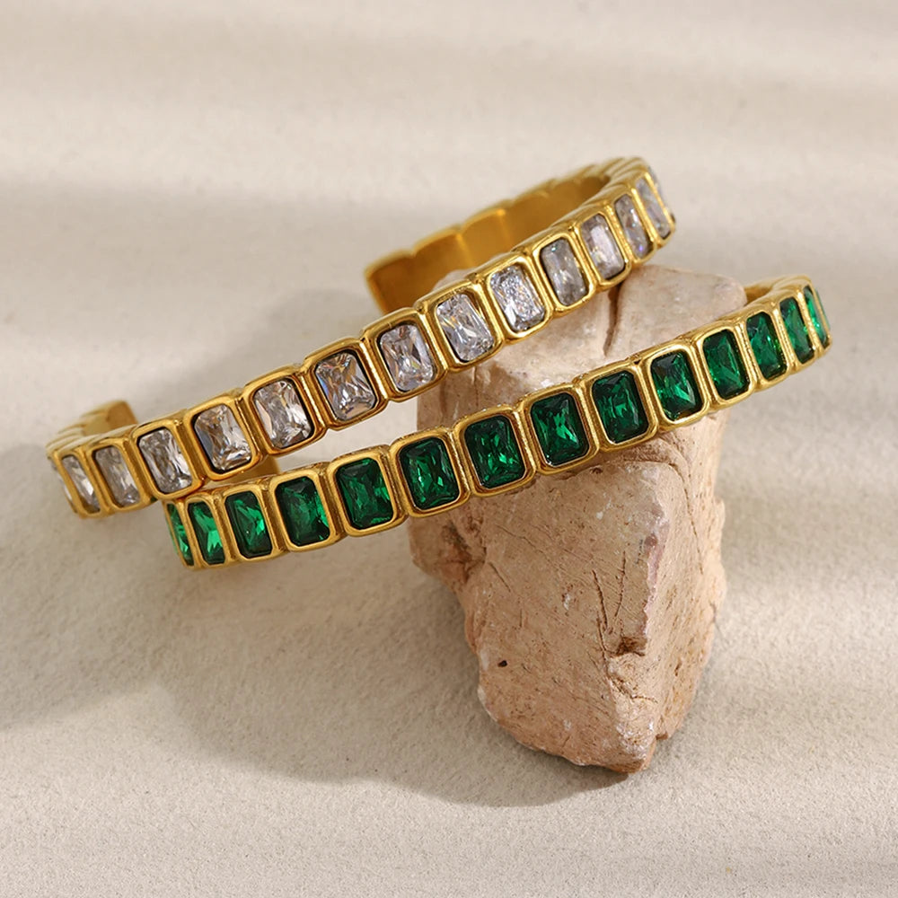 316L Stainless Steel Green Rhinestones White Rhinestones Classic Style Bracelet 18K Gold Plated Bracelet Women's Gift.