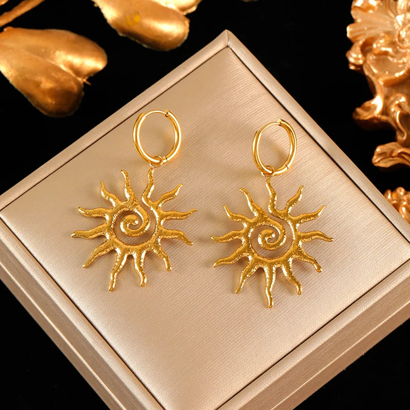 EILIECK 316L Stainless Steel Vintage Sun Necklace Earrings Set For Women Trendy 18K Gold Plated Waterproof Beach Jewelry Gift