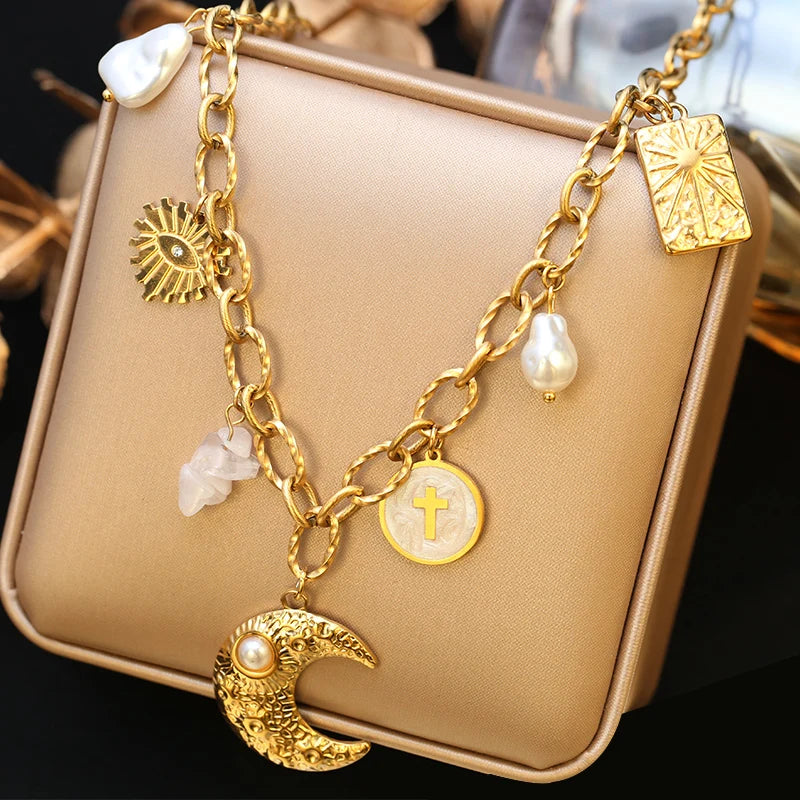 EILIECK 316L Stainless Steel Charms Pearl Moon Pendant Necklace 18K Gold Plated Popular Summer Fashion Jewelry For Women Girl