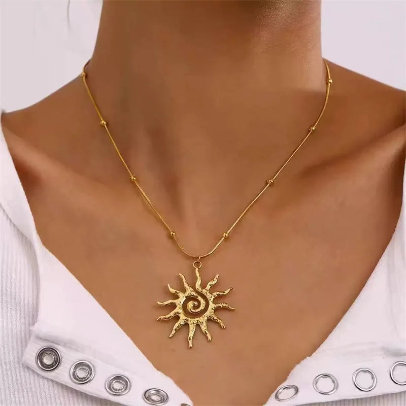 EILIECK 316L Stainless Steel Vintage Sun Necklace Earrings Set For Women Trendy 18K Gold Plated Waterproof Beach Jewelry Gift