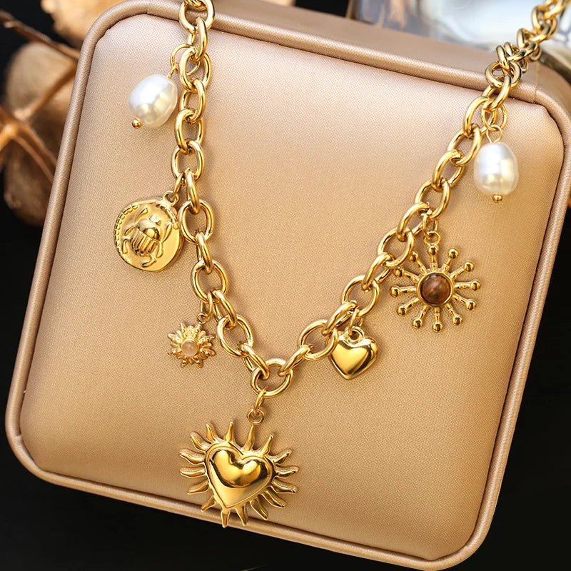 EILIECK 316L Stainless Steel Charms Pearl Moon Pendant Necklace 18K Gold Plated Popular Summer Fashion Jewelry For Women Girl