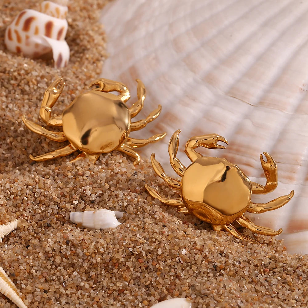 E.B.belle Summer Ocean Series Crab Stud Earrings Water Resistant 316L Stainless Steel Earrings for Women 18K Gold Plated Gift