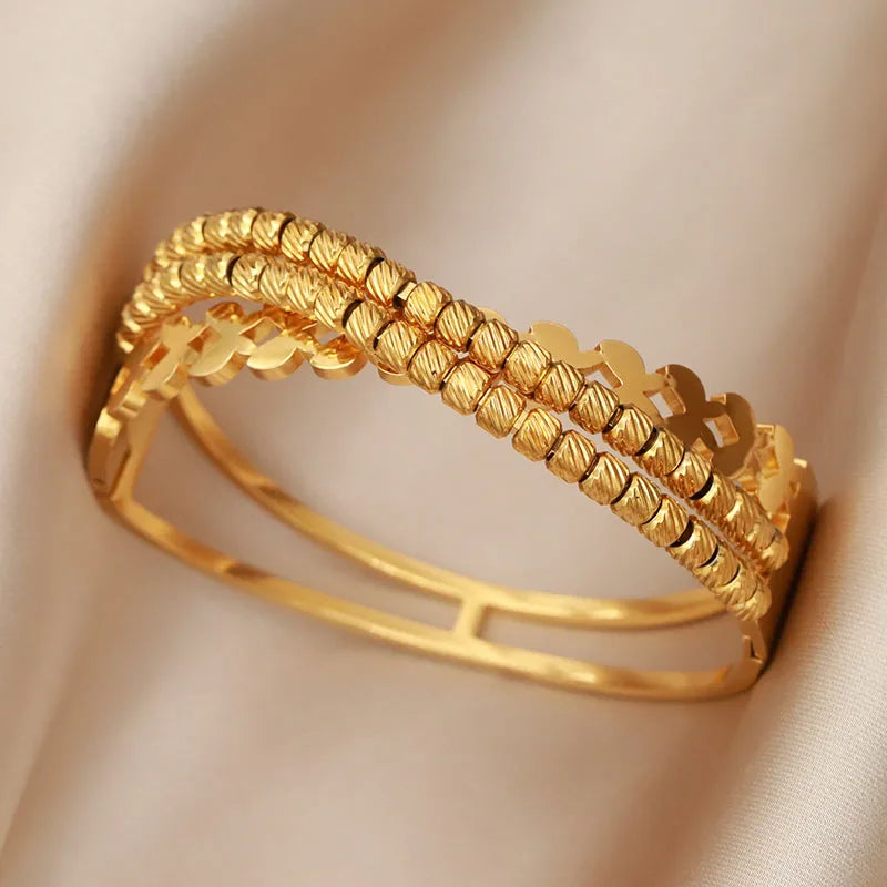 316L Stainless Steel 18K PVD Plated  Beads Cross Bangles for Women Fashion Brand Jewelry Golden Flower Bangles Party Accessories