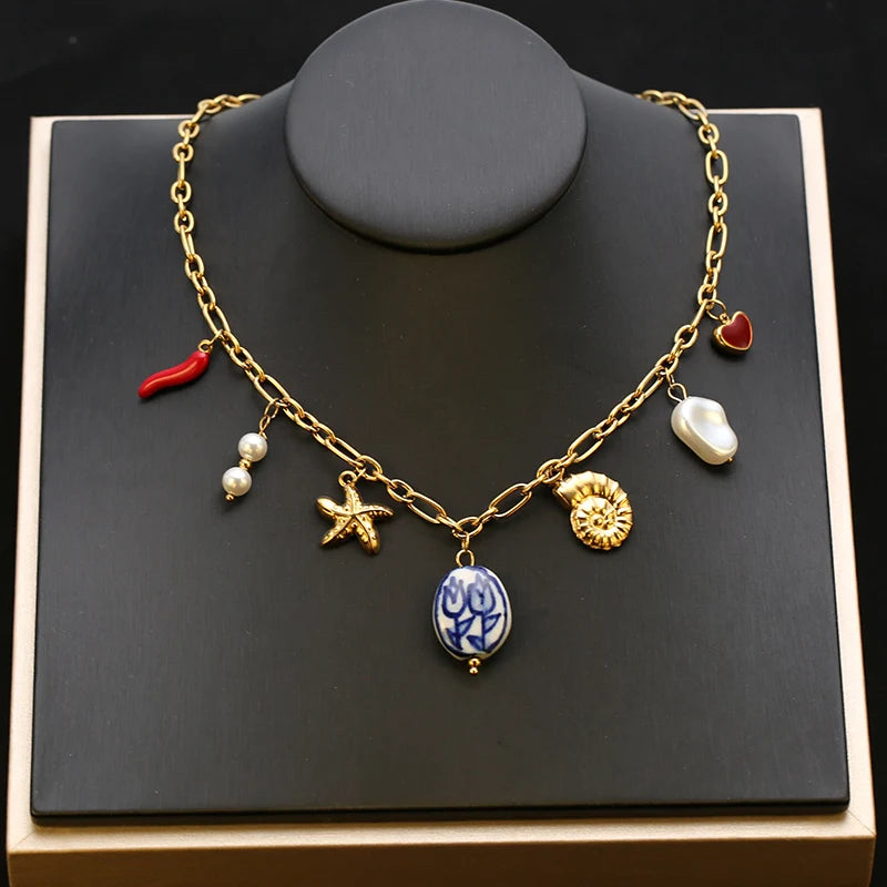 EILIECK 316L Stainless Steel Starfish Shell Sun Pendant Necklace For Women New 18K Gold Plated Summer Charm Handmade Jewelry