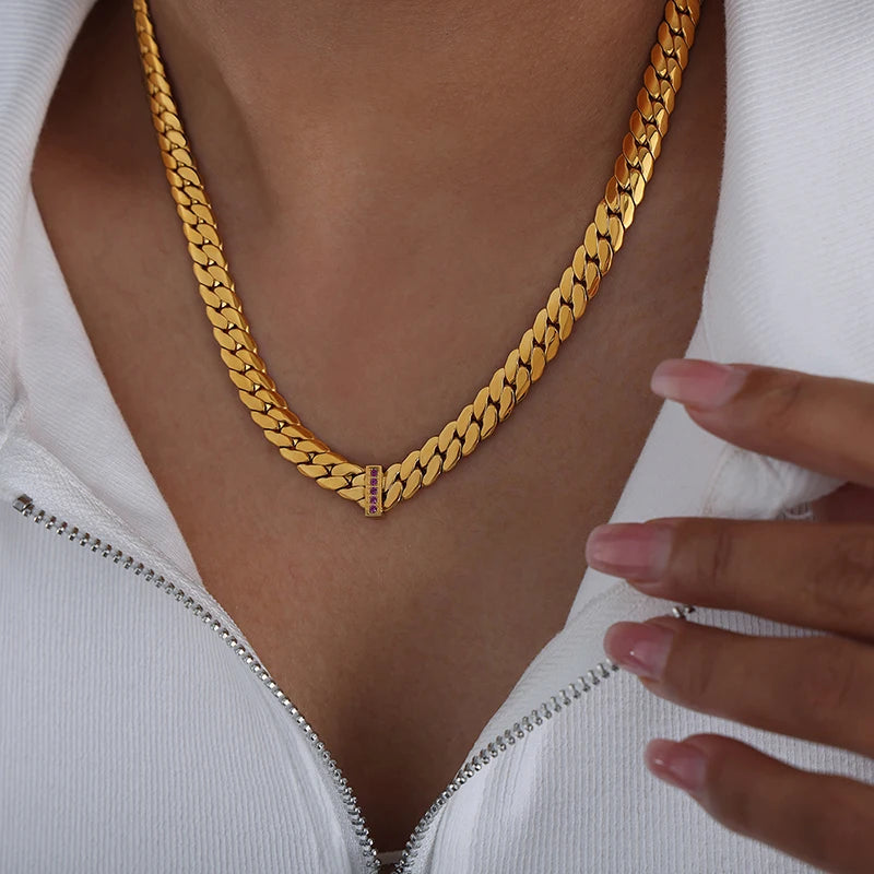 316L Stainless Steel Chain Necklace For Women 18k Gold Plated Inlaid With Zircon Women's Hip-hop Rock Style Thick Necklaces