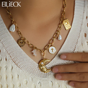 EILIECK 316L Stainless Steel Charms Pearl Moon Pendant Necklace 18K Gold Plated Popular Summer Fashion Jewelry For Women Girl