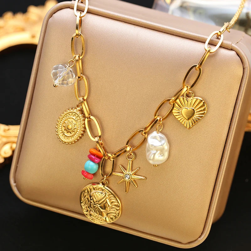 EILIECK 316L Stainless Steel Sun Heart Flower Pendant Necklace 18K Gold Plated Accessories Charm Handmade Jewelry For Women Girl