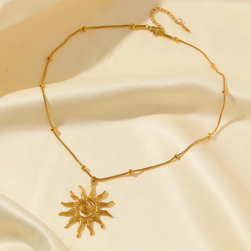 EILIECK 316L Stainless Steel Vintage Sun Necklace Earrings Set For Women Trendy 18K Gold Plated Waterproof Beach Jewelry Gift
