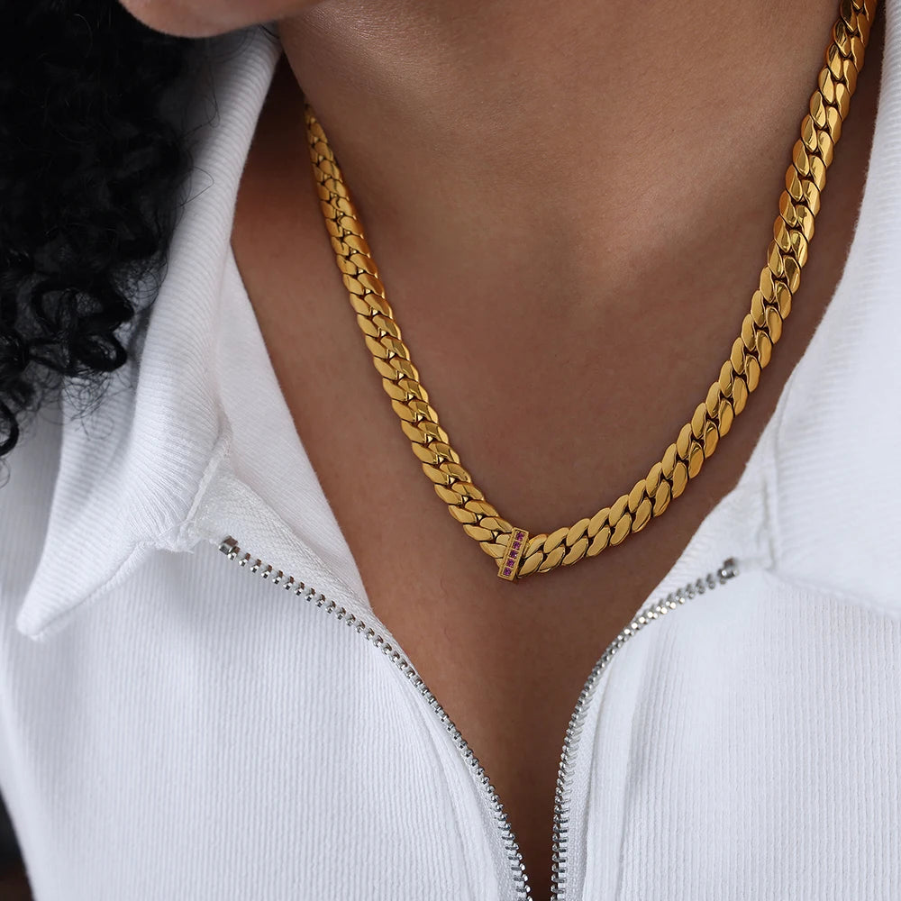 316L Stainless Steel Chain Necklace For Women 18k Gold Plated Inlaid With Zircon Women's Hip-hop Rock Style Thick Necklaces