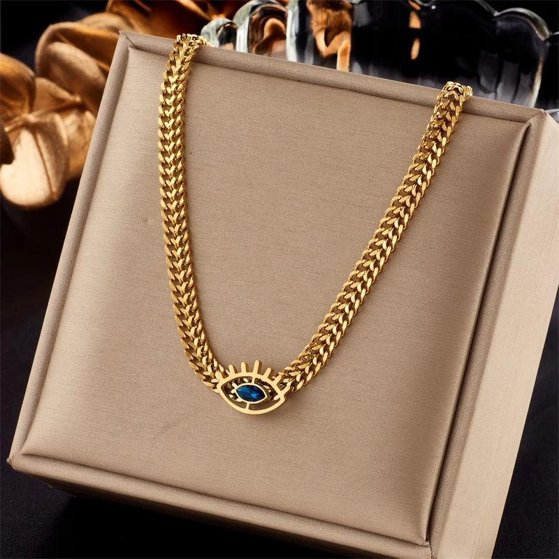 MEYRROYU 316L Stainless Steel New18k Gold Plated Round Zirconia Pendant Link Chain Necklace For Women Party Gift Charm Collar