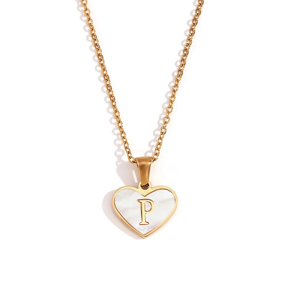 Heart Shell Letter Pendant Necklace Cute Water Resistant 18K Gold Plated Women's Neck Chain 316L Stainless Steel Accessories