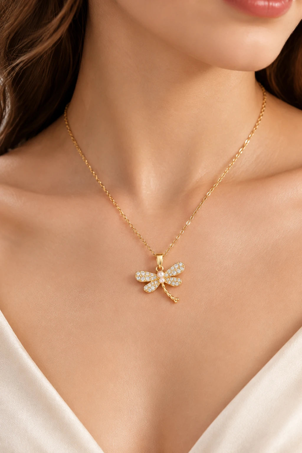 Colar Libellula dourado com libélula de zircónias e pérola, foto 5