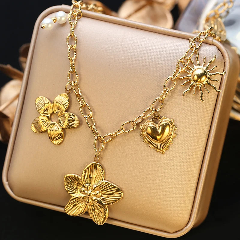 EILIECK 316L Stainless Steel Sun Heart Flower Pendant Necklace 18K Gold Plated Accessories Charm Handmade Jewelry For Women Girl