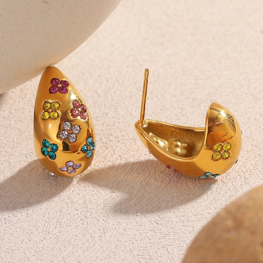 Glossisland 316L Stainless Steel Colorful Zircon Chubby Waterdrop Earrings 18K Gold Plated Waterproof Jewelry Design For Women