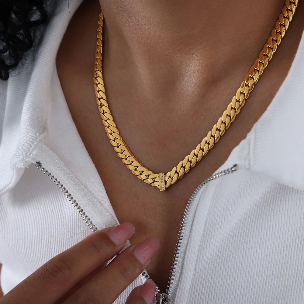 316L Stainless Steel Chain Necklace For Women 18k Gold Plated Inlaid With Zircon Women's Hip-hop Rock Style Thick Necklaces