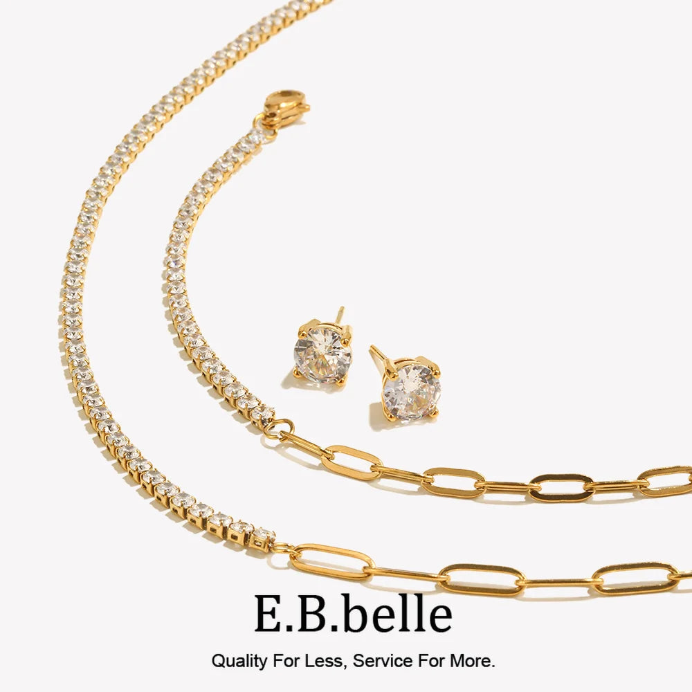 E.B.belle Zircon Chain Splicing Paper Clip Bracelet 18K Gold Plated Women's Earrings 316L Stainless Steel Accessories