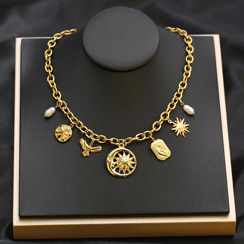 EILIECK 316L Stainless Steel Starfish Shell Sun Pendant Necklace For Women New 18K Gold Plated Summer Charm Handmade Jewelry