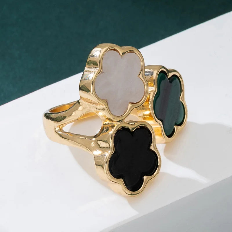Women's 316L Stainless Steel Five Leaf Clover Open Ring PVD 18K Gold Plated Fashion Waterproof Jewelry Charms