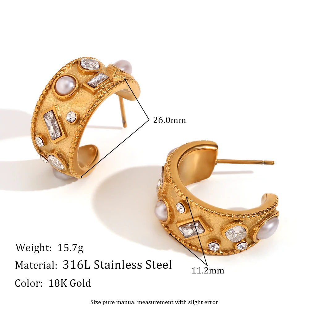 C-shaped Hoop Earrings with Pearl Geometric Rhinestone Silver Color 316L Stainless Steel Accessories 18K Gold Plated Jewelry