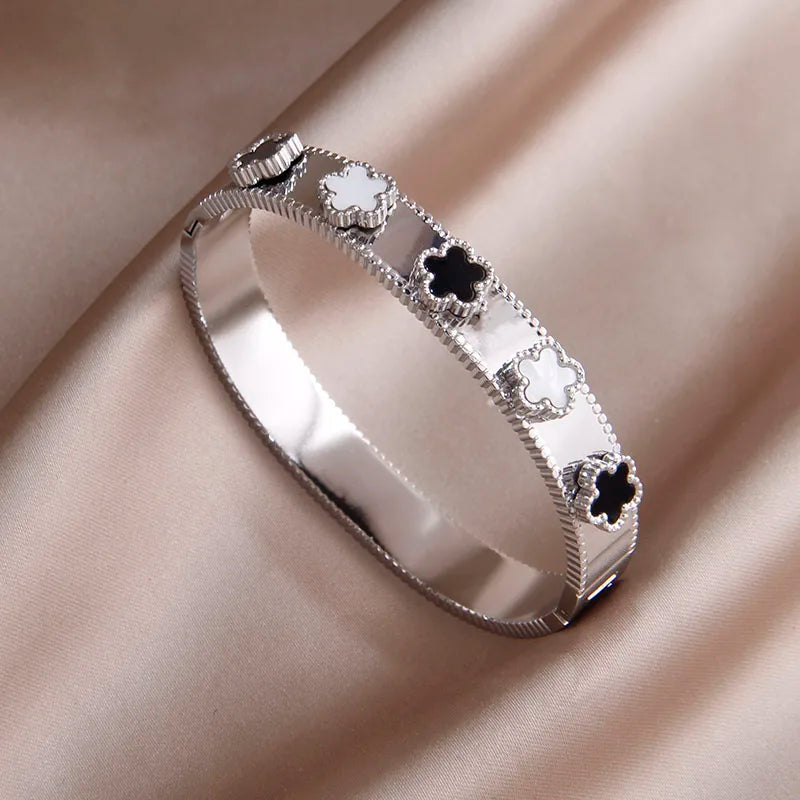 316L Stainless Steel 18K PVD Plated  Beads Cross Bangles for Women Fashion Brand Jewelry Golden Flower Bangles Party Accessories