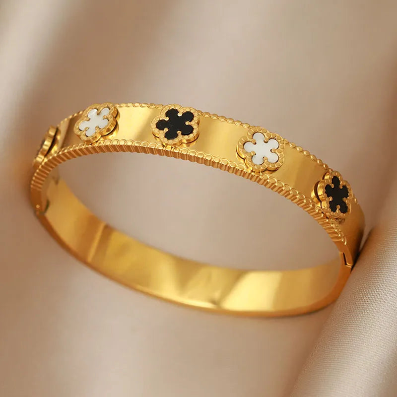 316L Stainless Steel 18K PVD Plated  Beads Cross Bangles for Women Fashion Brand Jewelry Golden Flower Bangles Party Accessories