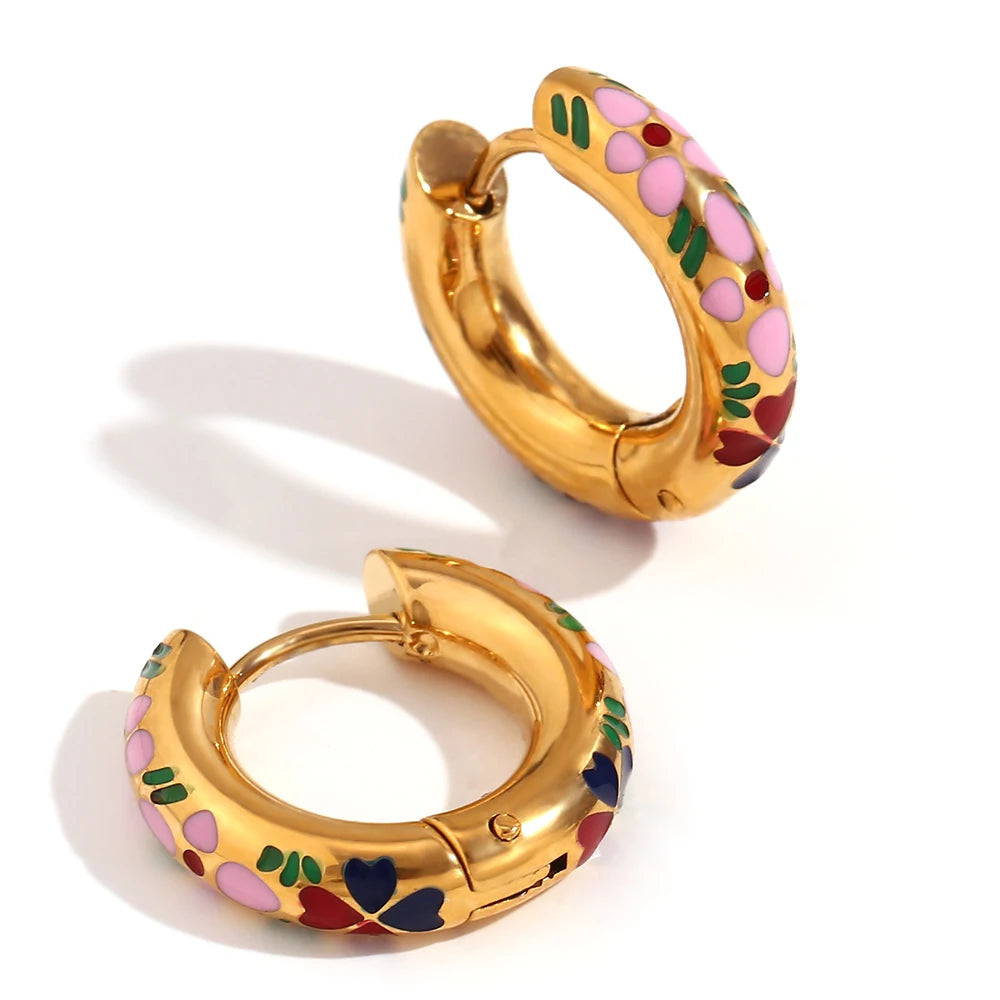 E.B.belle Colorful Enamel Clover Flower Hoop Earrings 316L Stainless Steel Fashion 18K Gold Plated Earrings for Women Jewelry