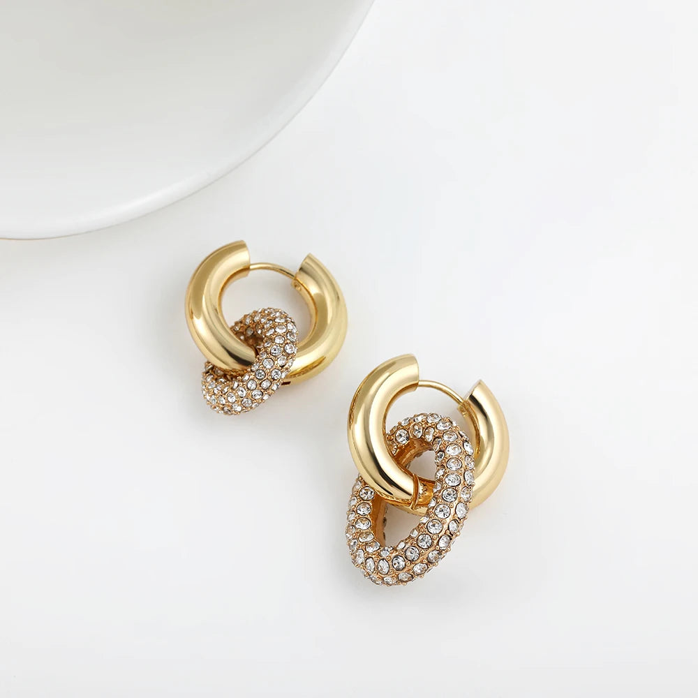 Luxury Cubic Zirconia Stainless Steel Hoop Earrings for Women Gold Color Round Circle Oval Geometric Earrings Fashion Jewelry