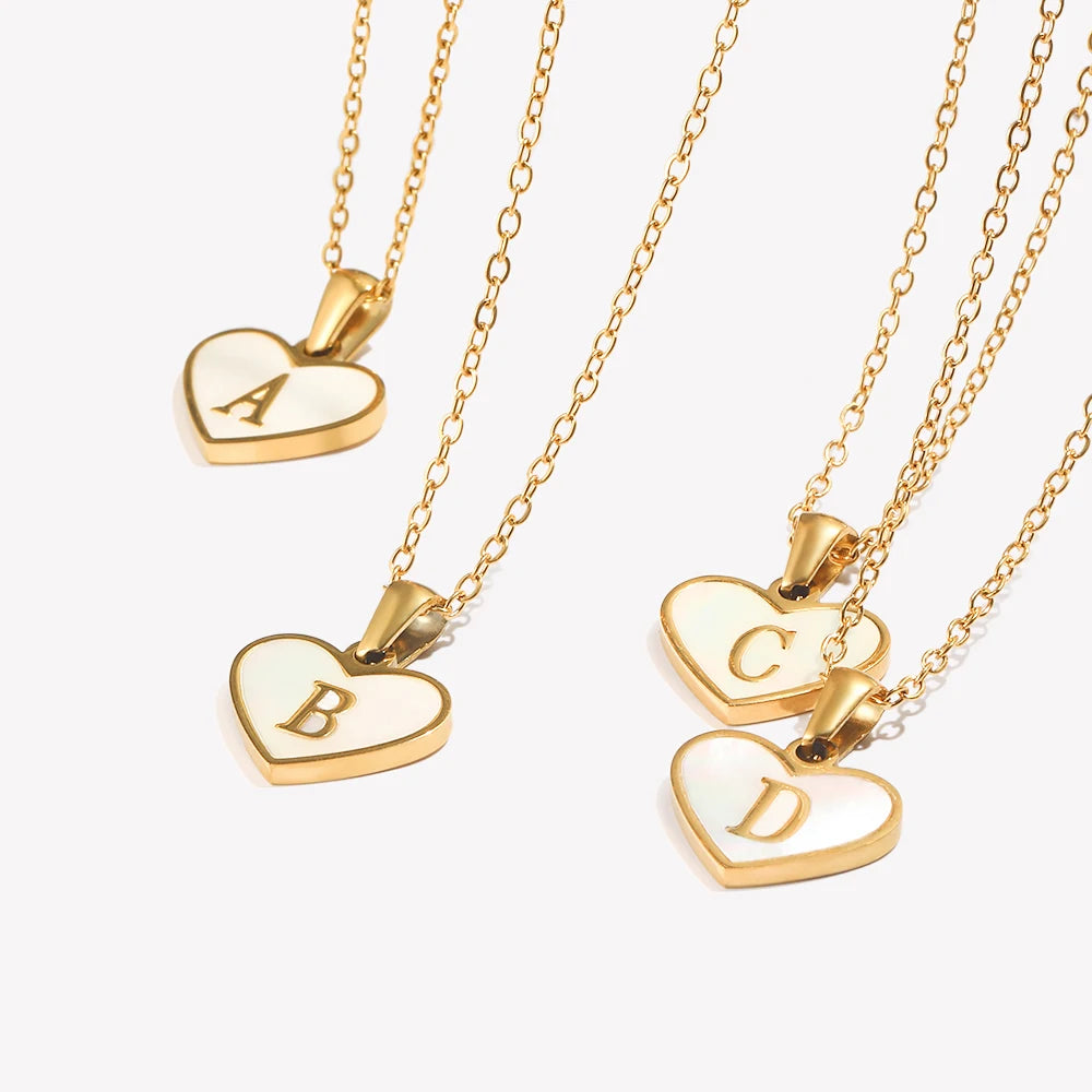 Heart Shell Letter Pendant Necklace Cute Water Resistant 18K Gold Plated Women's Neck Chain 316L Stainless Steel Accessories