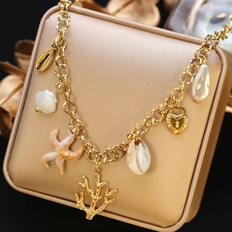 EILIECK 316L Stainless Steel Charms Pearl Moon Pendant Necklace 18K Gold Plated Popular Summer Fashion Jewelry For Women Girl