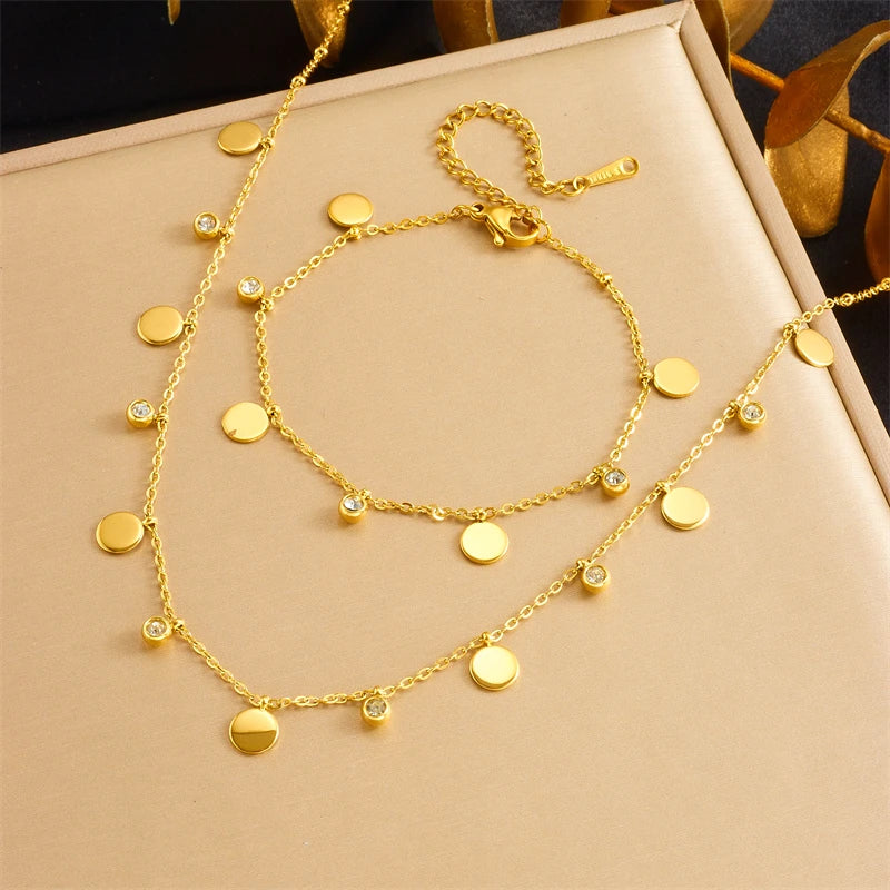 White Zircon Inlay Beads Elegant Double-Layer Necklace Lady 316L Stainless Steel 18k Gold Plated Waterproof Jewelry
