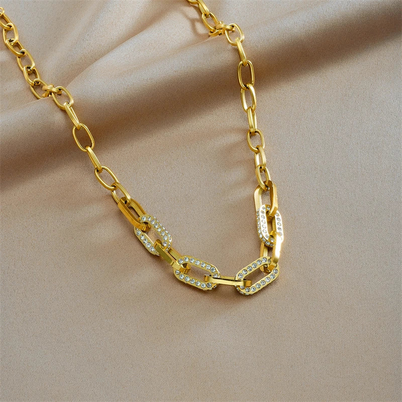 MEYRROYU 316L Stainless Steel New18k Gold Plated Round Zirconia Pendant Link Chain Necklace For Women Party Gift Charm Collar