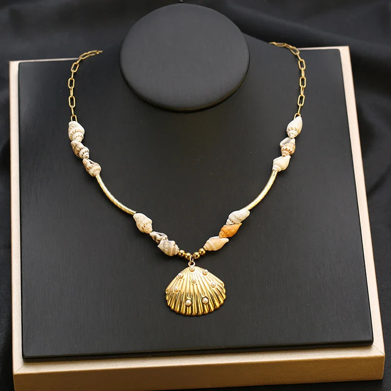 EILIECK 316L Stainless Steel Starfish Shell Sun Pendant Necklace For Women New 18K Gold Plated Summer Charm Handmade Jewelry