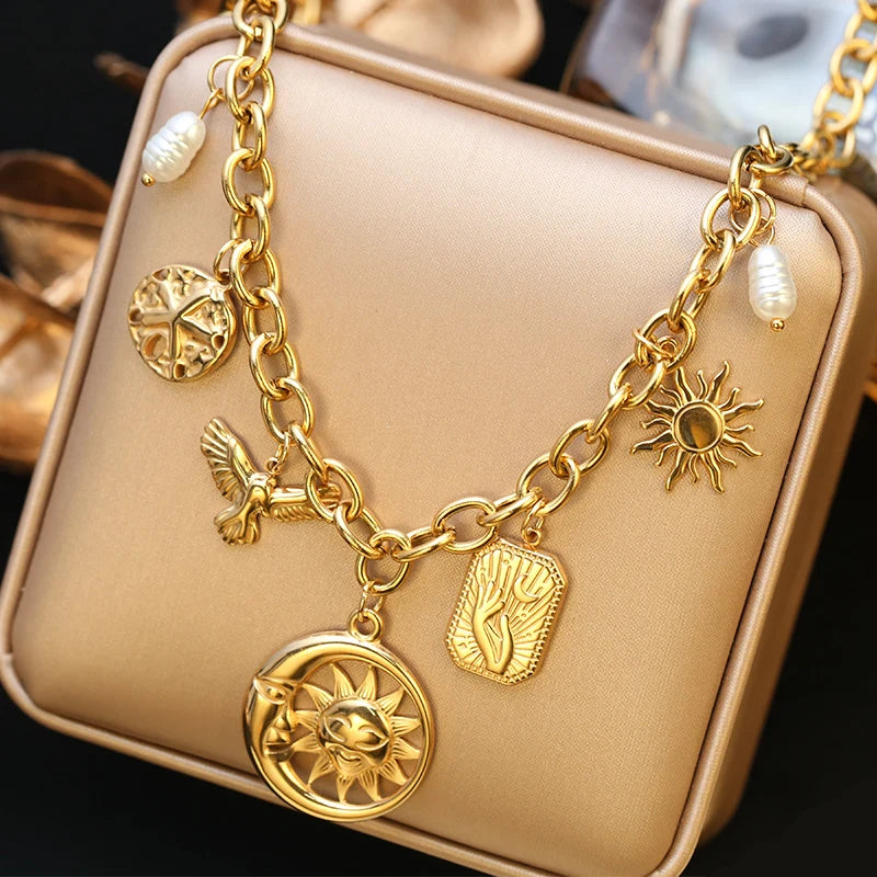 EILIECK 316L Stainless Steel Sun Heart Flower Pendant Necklace 18K Gold Plated Accessories Charm Handmade Jewelry For Women Girl