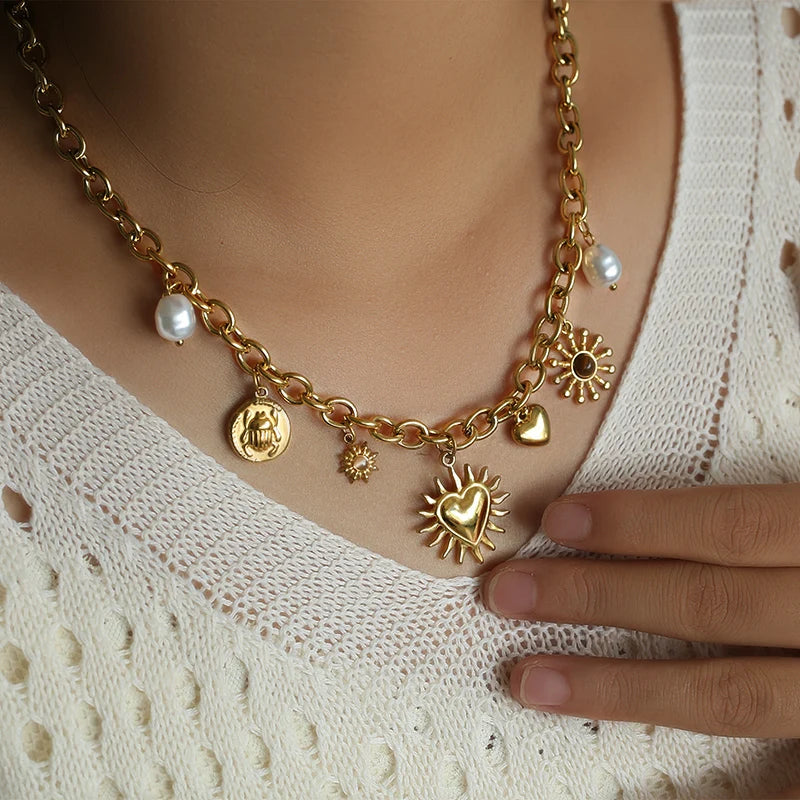 EILIECK 316L Stainless Steel Starfish Shell Sun Pendant Necklace For Women New 18K Gold Plated Summer Charm Handmade Jewelry