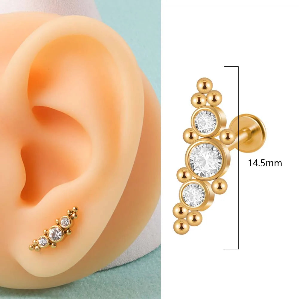1PC 316L Surgical Steel 16G Gold Plated Cz Labret Lip Ring Crystal Cluster Ear Cartilage Tragus Helix Daith Piercing Jewelry