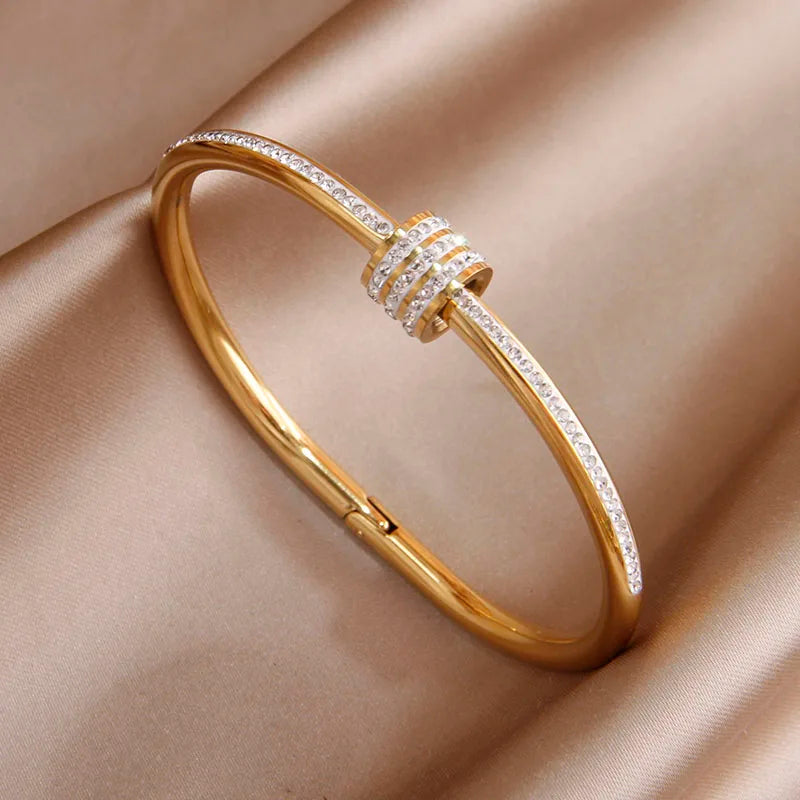316L Stainless Steel 18K PVD Plated  Beads Cross Bangles for Women Fashion Brand Jewelry Golden Flower Bangles Party Accessories