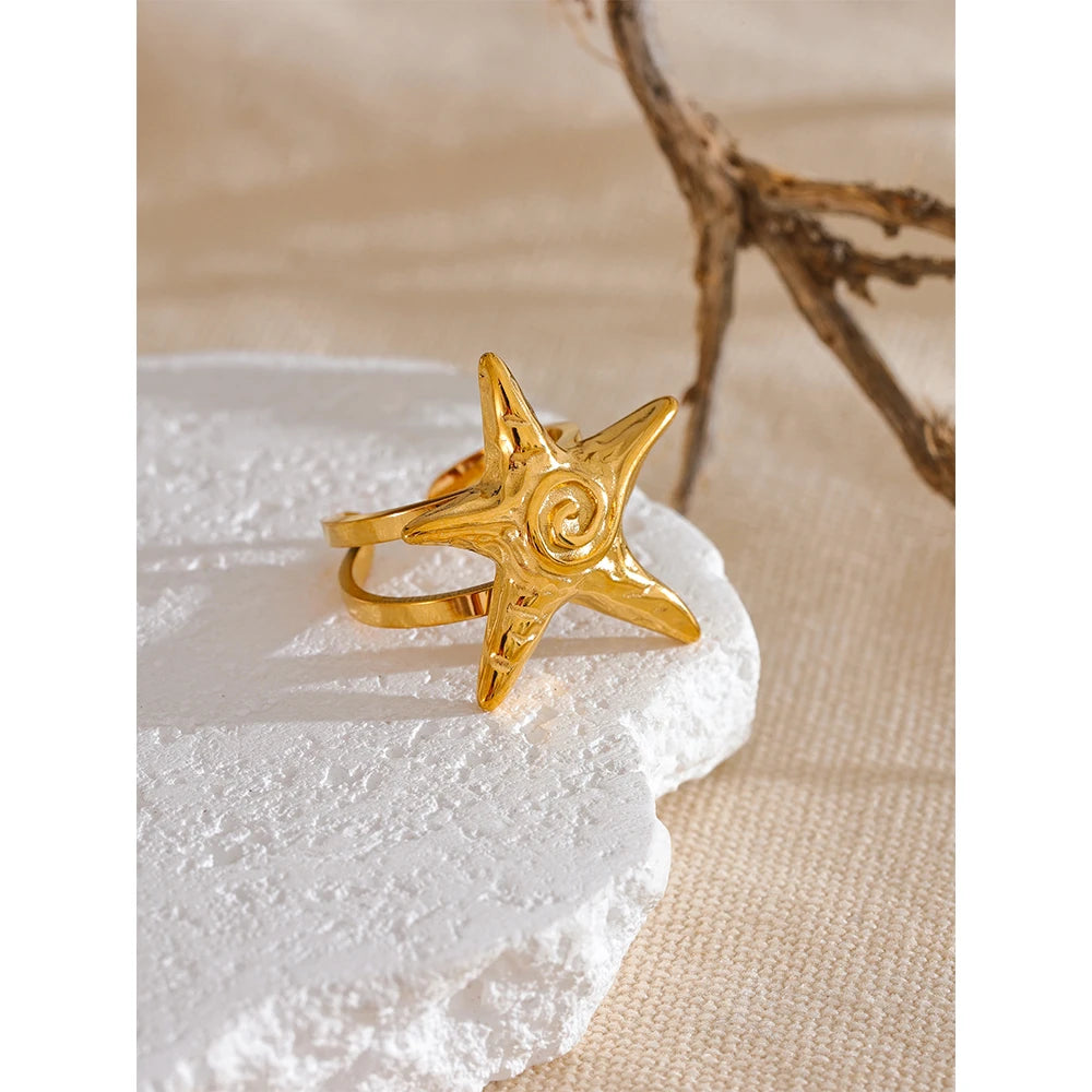 Yhpup 316L Stainless Steel Starfish Open Ring Adjustable 18K Gold PVD Plated Metal Summer Personalized Jewelry for Holiday
