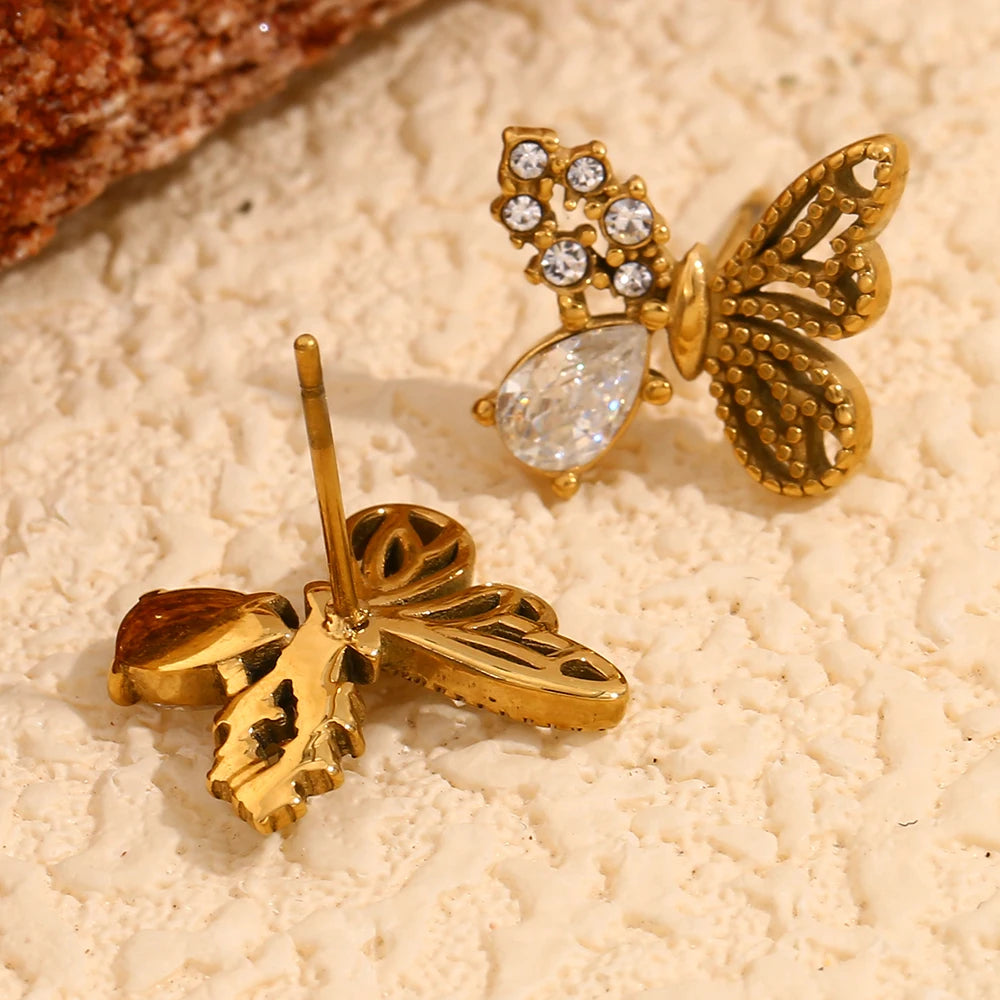 Asymmetric Half Set Zircon Butterfly Stud Earrings Hypoallergenic 316L Stainless Steel Women's Earrings 18K Gold Plated Gift