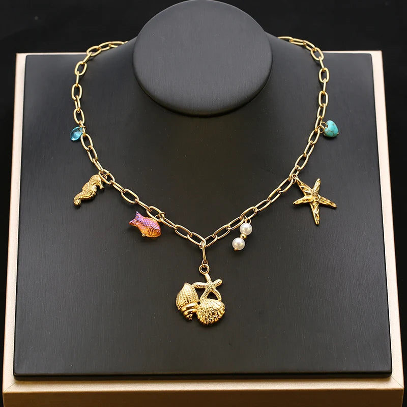 EILIECK 316L Stainless Steel Chain Waterproof Ocean Pendant Necklace Charm Starfish Shell 18K Gold PVD Plated Holiday Jewelry