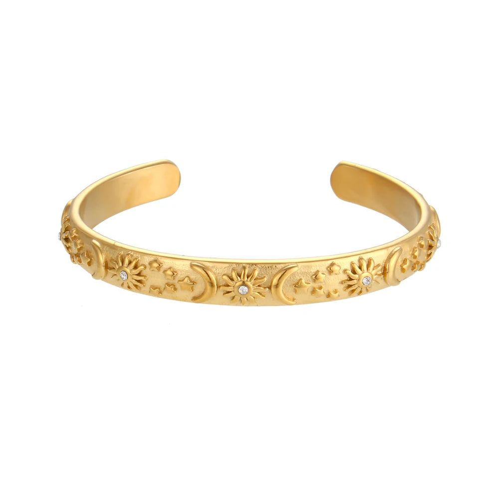 MamacitaSlay 316L Stainless Steel 18K Gold Plated Sun Moon Star Embossed Jewelry Set Open Cuff Bangle Hoop Earrings Band Ring