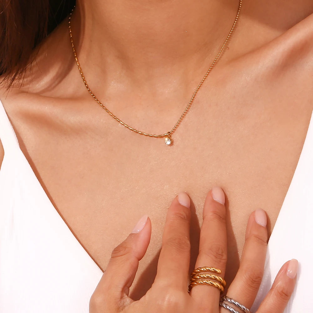 E.B.belle Asymmetric Round Bead Chain Zircon Pendant Necklace 18K Gold Plated Accessories 316L Stainless Steel Necklace