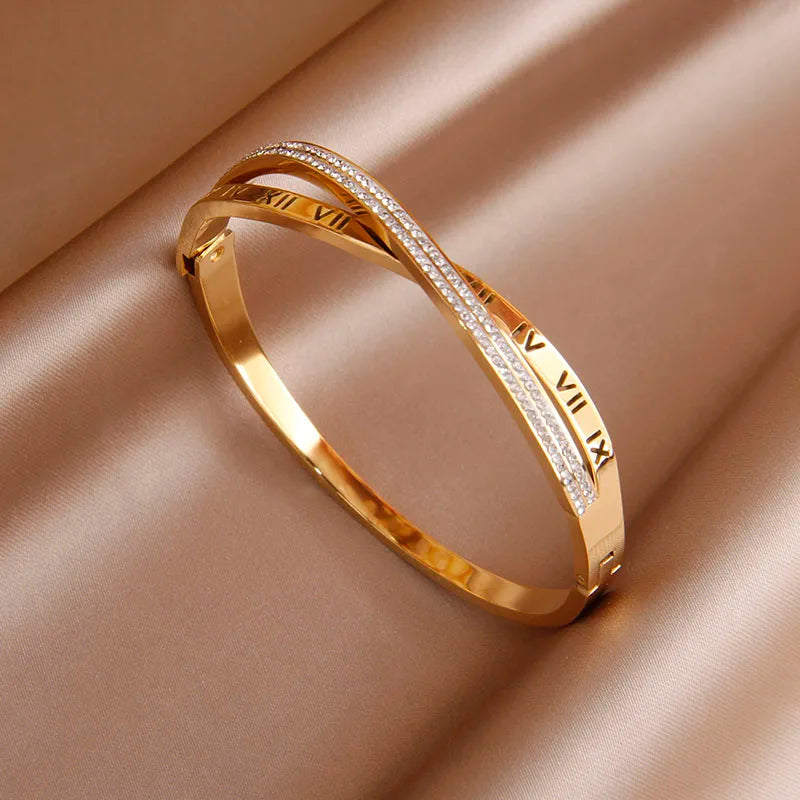 316L Stainless Steel 18K PVD Plated  Beads Cross Bangles for Women Fashion Brand Jewelry Golden Flower Bangles Party Accessories