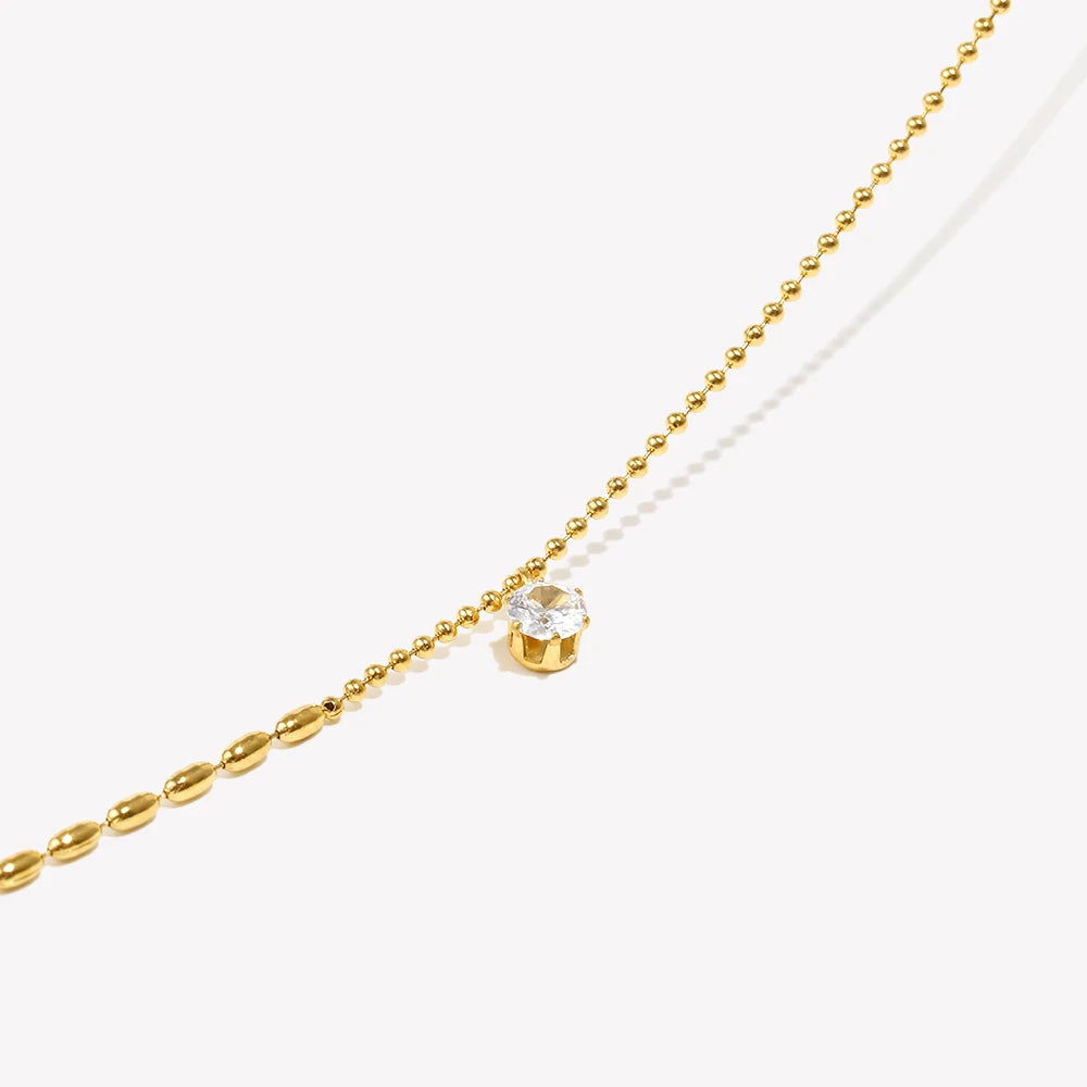 E.B.belle Asymmetric Round Bead Chain Zircon Pendant Necklace 18K Gold Plated Accessories 316L Stainless Steel Necklace