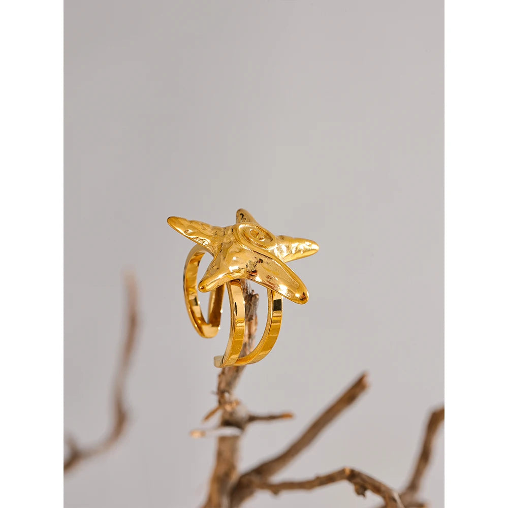 Yhpup 316L Stainless Steel Starfish Open Ring Adjustable 18K Gold PVD Plated Metal Summer Personalized Jewelry for Holiday