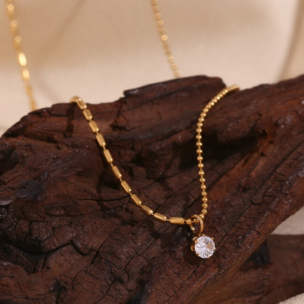 E.B.belle Asymmetric Round Bead Chain Zircon Pendant Necklace 18K Gold Plated Accessories 316L Stainless Steel Necklace