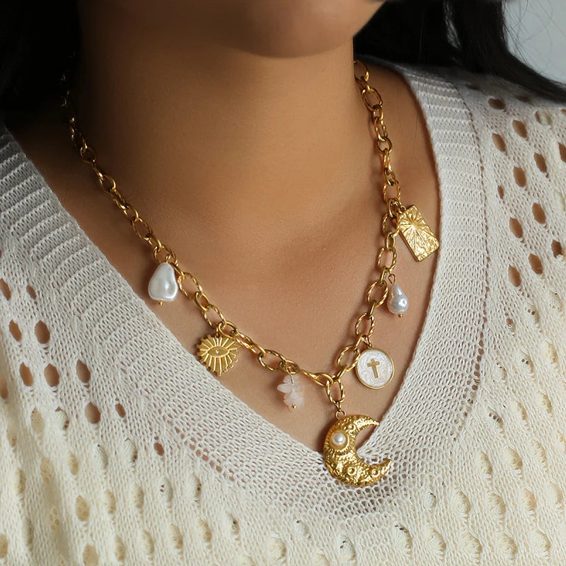 EILIECK 316L Stainless Steel Charms Pearl Moon Pendant Necklace 18K Gold Plated Popular Summer Fashion Jewelry For Women Girl