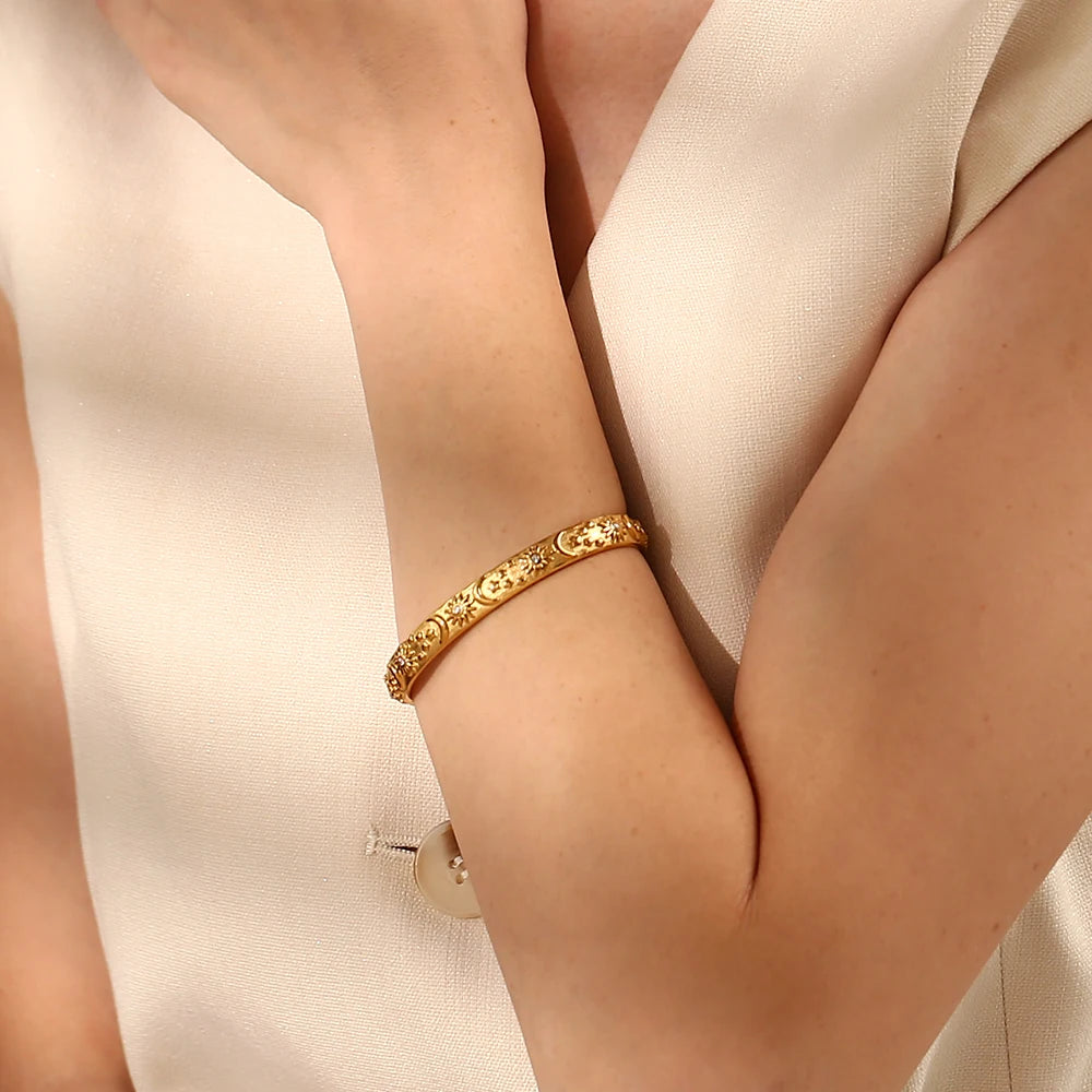 MamacitaSlay 316L Stainless Steel 18K Gold Plated Sun Moon Star Embossed Jewelry Set Open Cuff Bangle Hoop Earrings Band Ring
