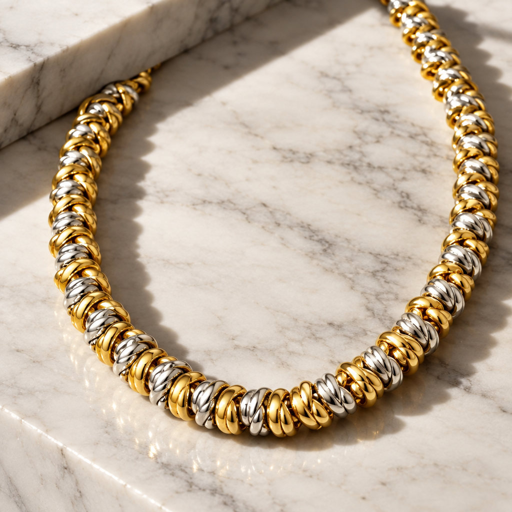 Colar Elos dourado e prateado sobre mármore